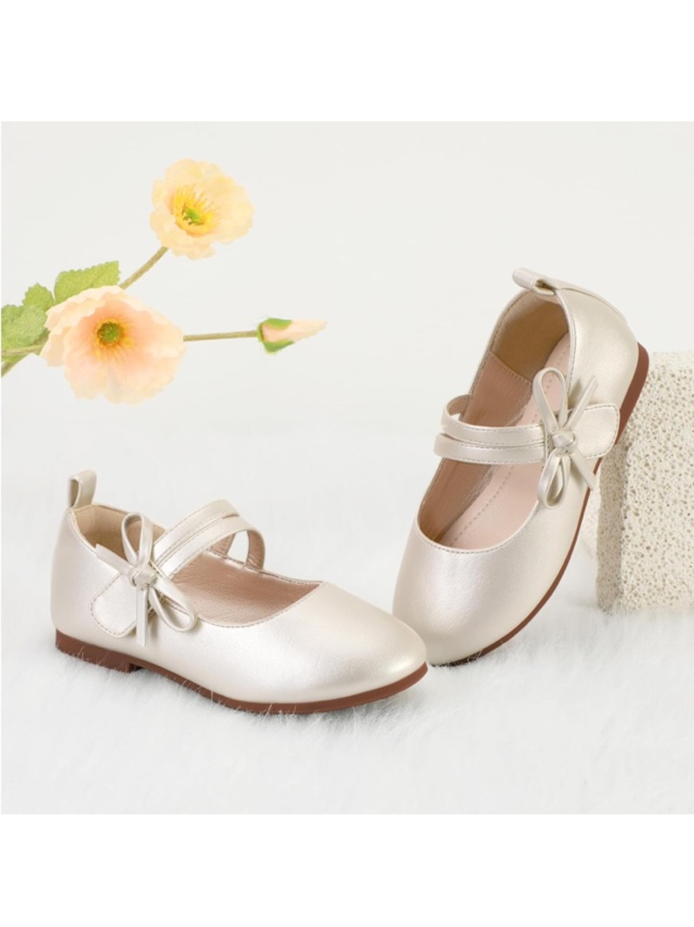 Champagne Girls Mary Jane Dress Shoes size 13 with Bow Velcro